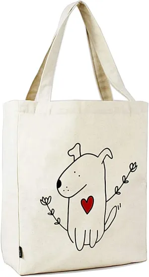Canvas Tote Bag with 3 Inner Pocket Cotton Heavy Duty Gusseted Shopping Bag for Weekend Overnight School Book (Cute Dog)