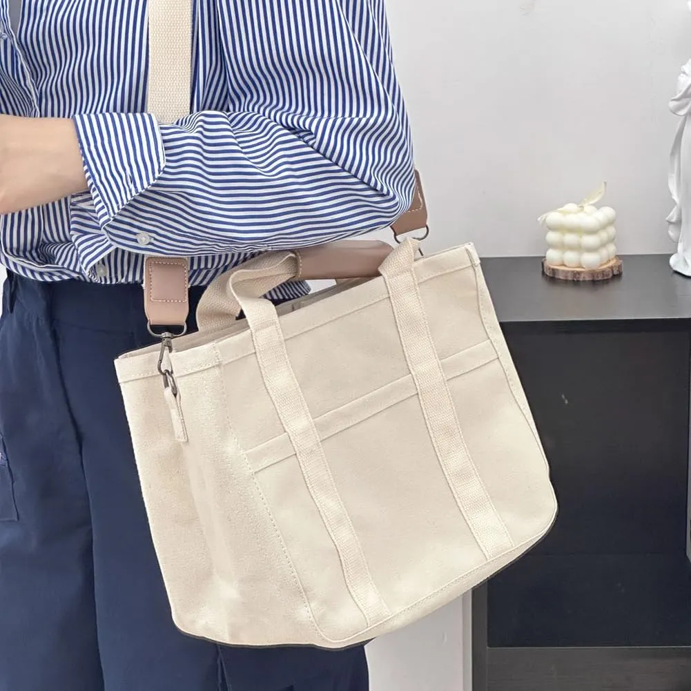 Canvas Tote With Multi Pockets for Women - Handbag, Mommy Bag, Casual Shoulder Crossbody With Compartments