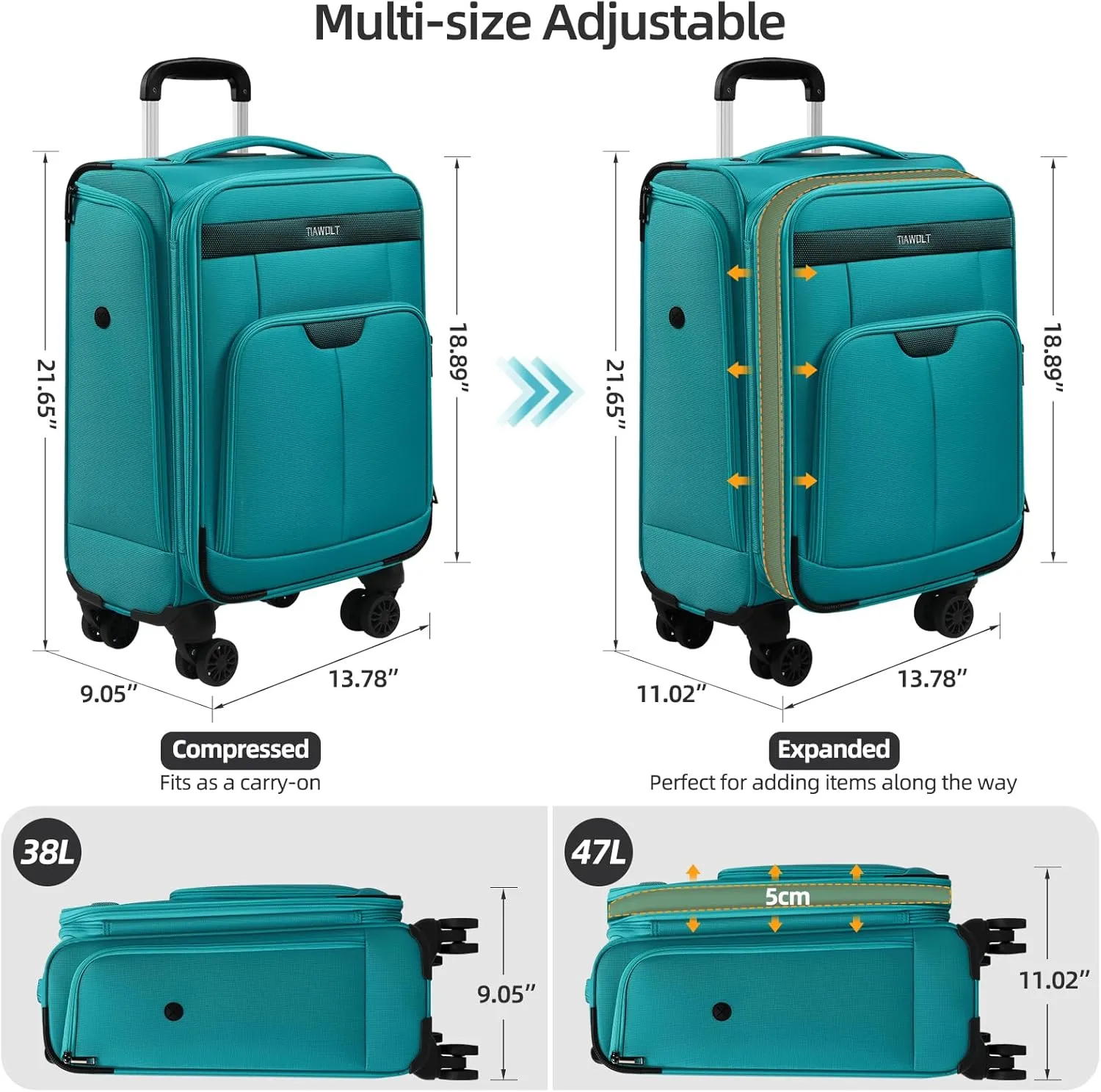 Carry On Luggage 22x14x9 Airline Approved with Wheels,2-piece Luggage Set,Softside Expandable Luggage Suitcase with TSA Lock&Carry-on UnderSeat travel Duffle Bag,Weekender Bag-Green