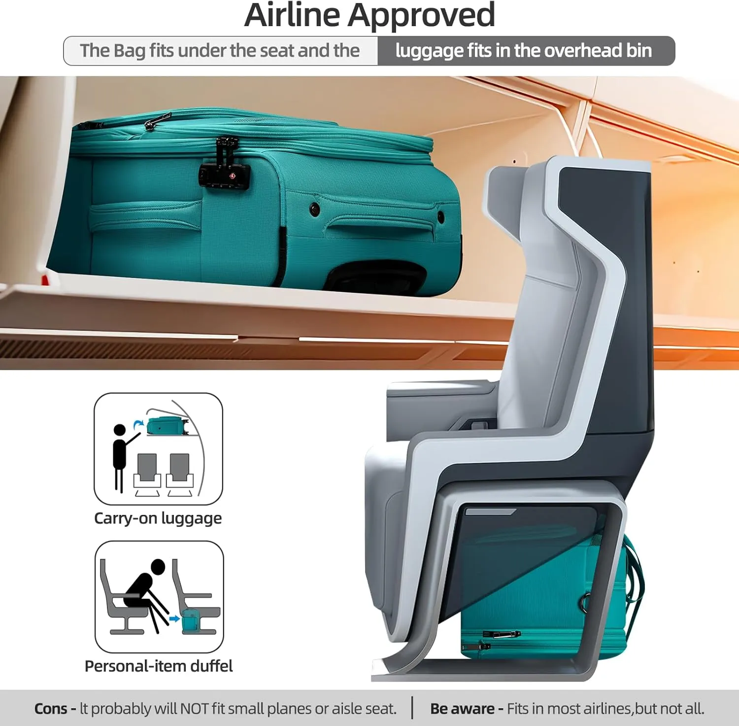 Carry On Luggage 22x14x9 Airline Approved with Wheels,2-piece Luggage Set,Softside Expandable Luggage Suitcase with TSA Lock&Carry-on UnderSeat travel Duffle Bag,Weekender Bag-Green