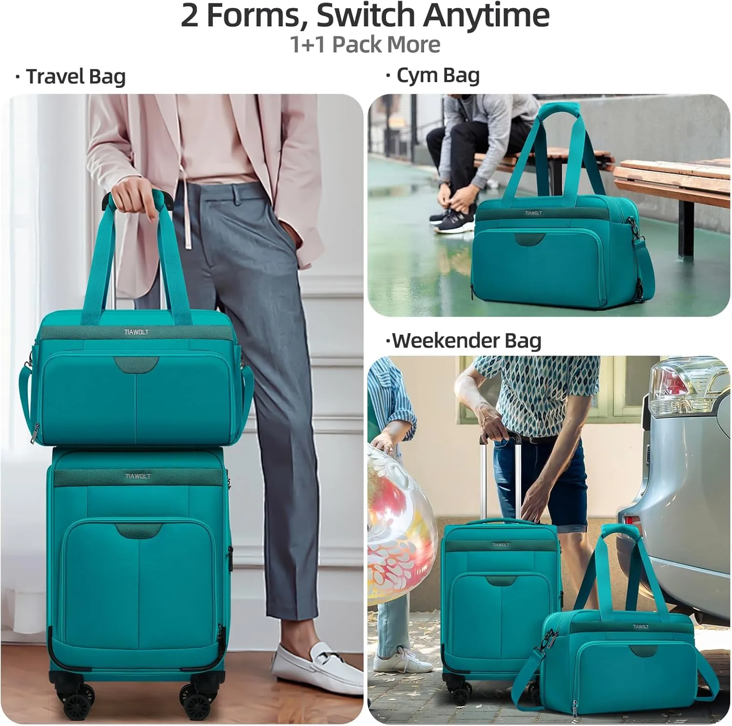 Carry On Luggage 22x14x9 Airline Approved with Wheels,2-piece Luggage Set,Softside Expandable Luggage Suitcase with TSA Lock&Carry-on UnderSeat travel Duffle Bag,Weekender Bag-Green