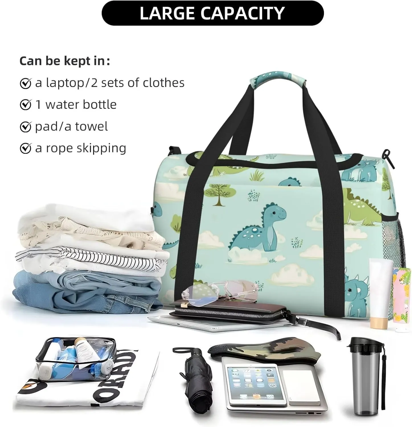 Cartoon Baby Dinosaurs Duffle Bag Foldable Travel Tote Bag Carry On Large Weekender Overnight Bags Waterproof Gym Bag For Women Men