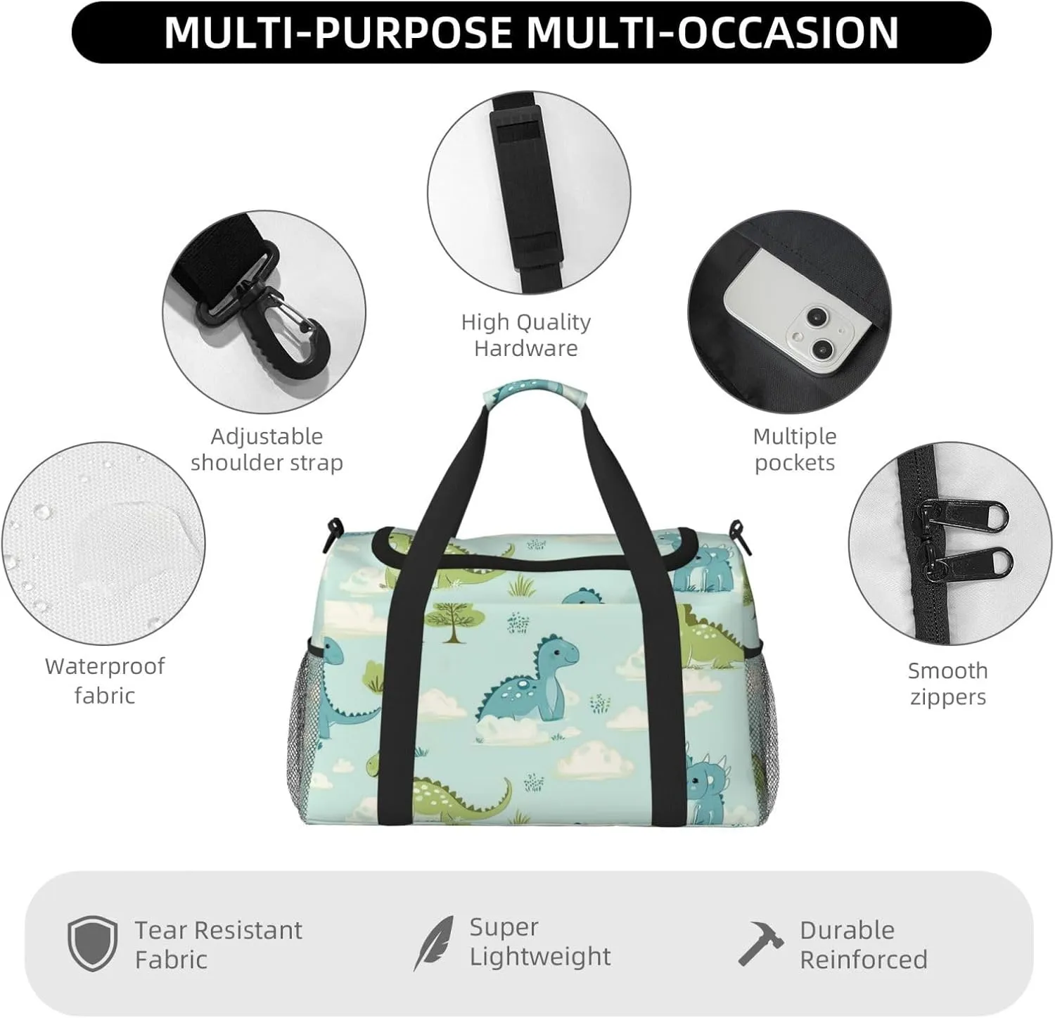 Cartoon Baby Dinosaurs Duffle Bag Foldable Travel Tote Bag Carry On Large Weekender Overnight Bags Waterproof Gym Bag For Women Men