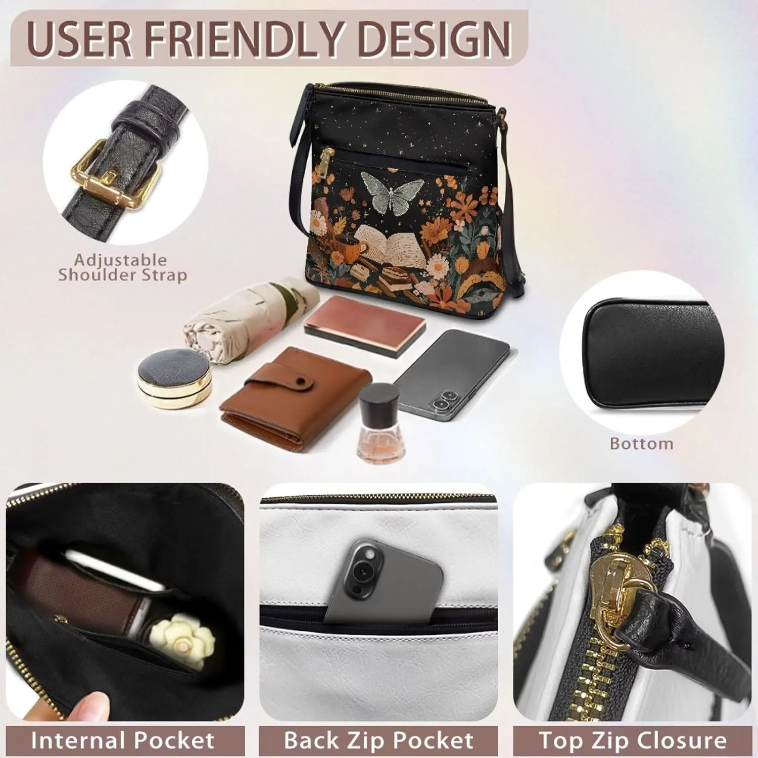 Casual Crossbody Bags for Women PU Shoulder Purse Bag Lightweight Messenger Bag with Zipper for Travel Shopping