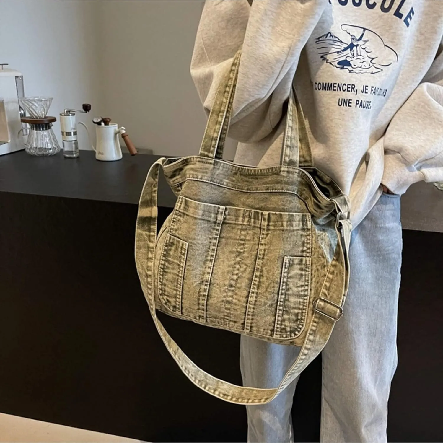 Casual New Jean Tote Bag for Women, Retro Denim Crossbody Shoulder Hobo Bag with Zipper
