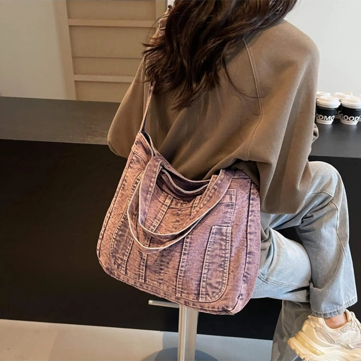 Casual New Jean Tote Bag for Women, Retro Denim Crossbody Shoulder Hobo Bag with Zipper