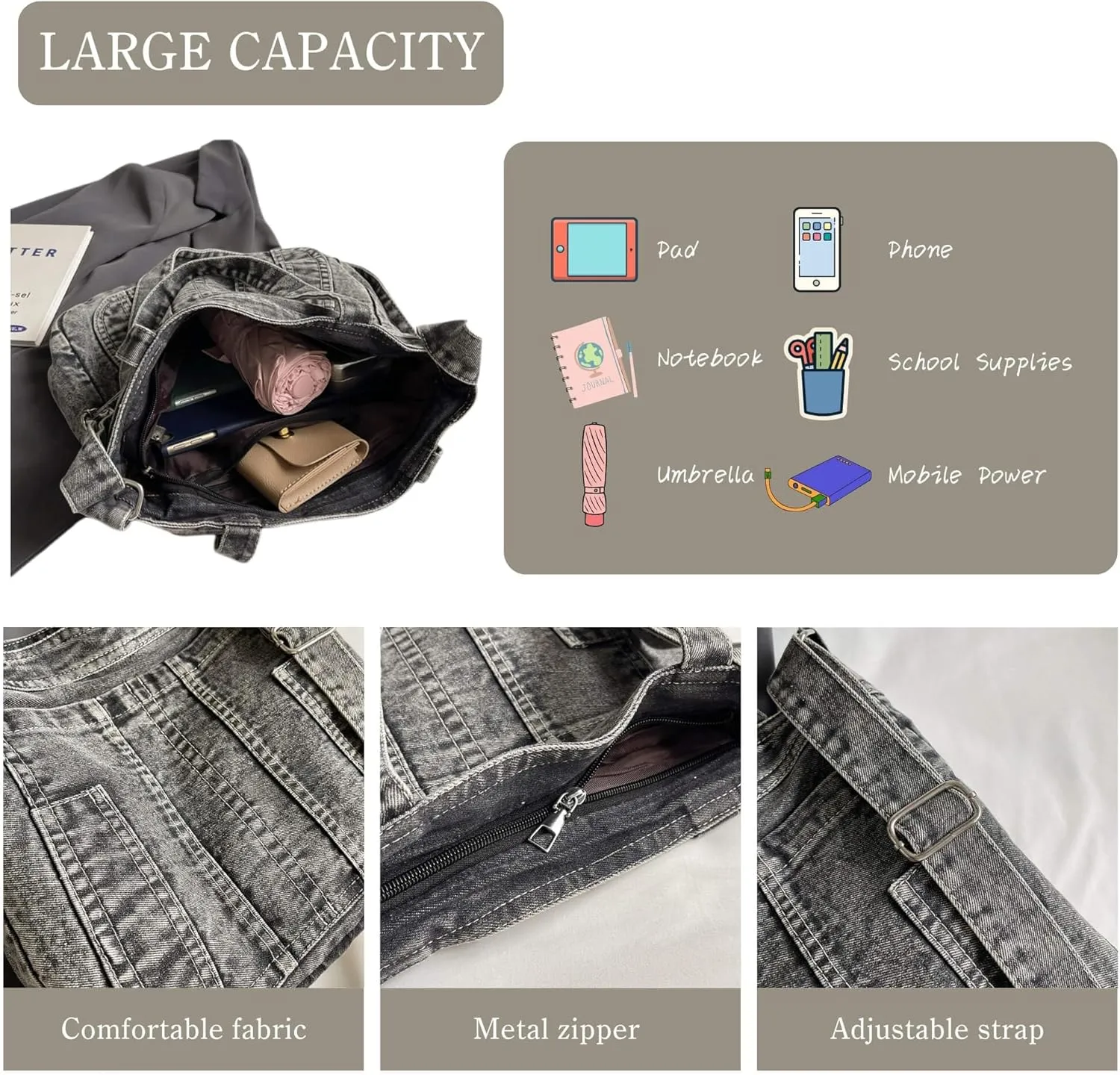 Casual New Jean Tote Bag for Women, Retro Denim Crossbody Shoulder Hobo Bag with Zipper