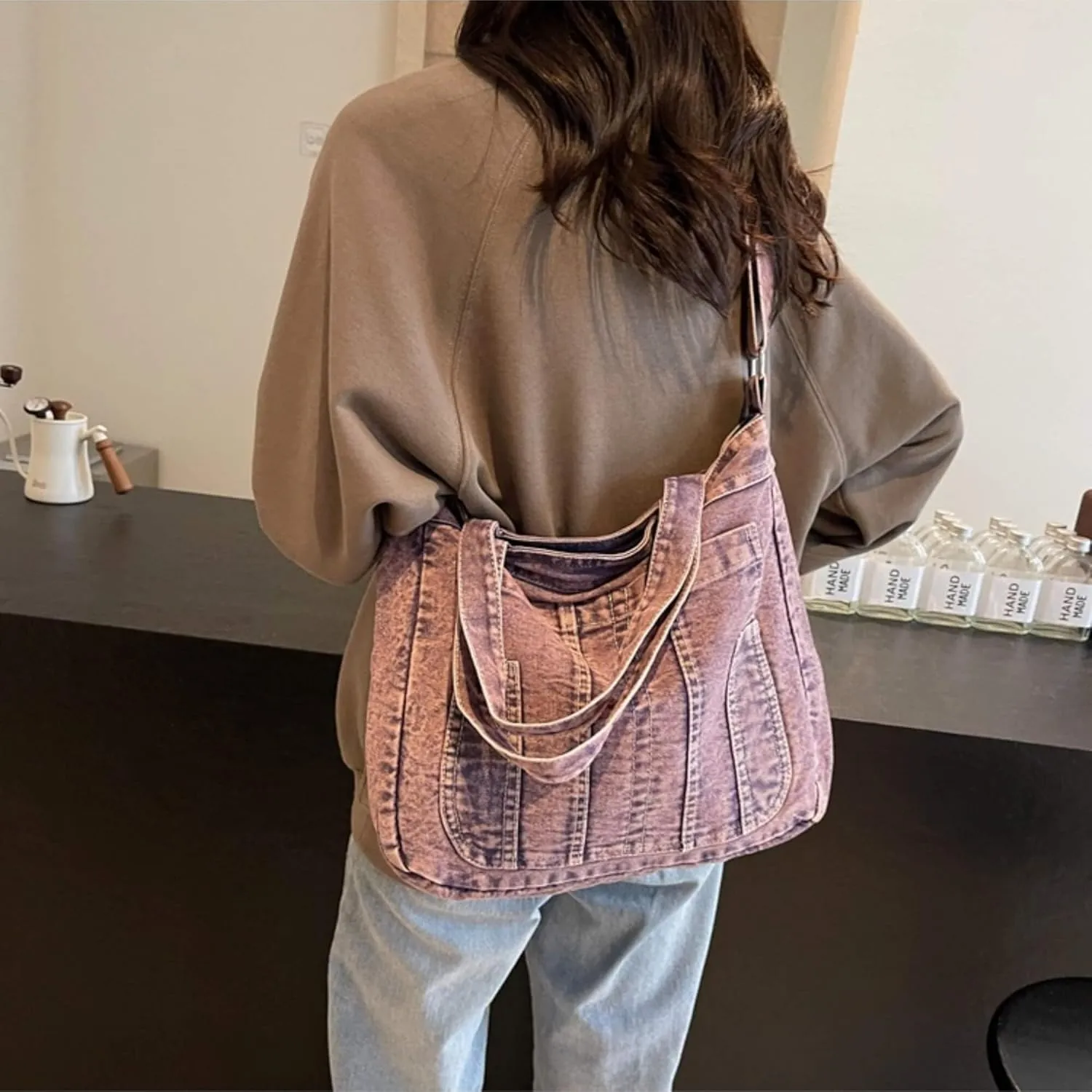 Casual New Jean Tote Bag for Women, Retro Denim Crossbody Shoulder Hobo Bag with Zipper