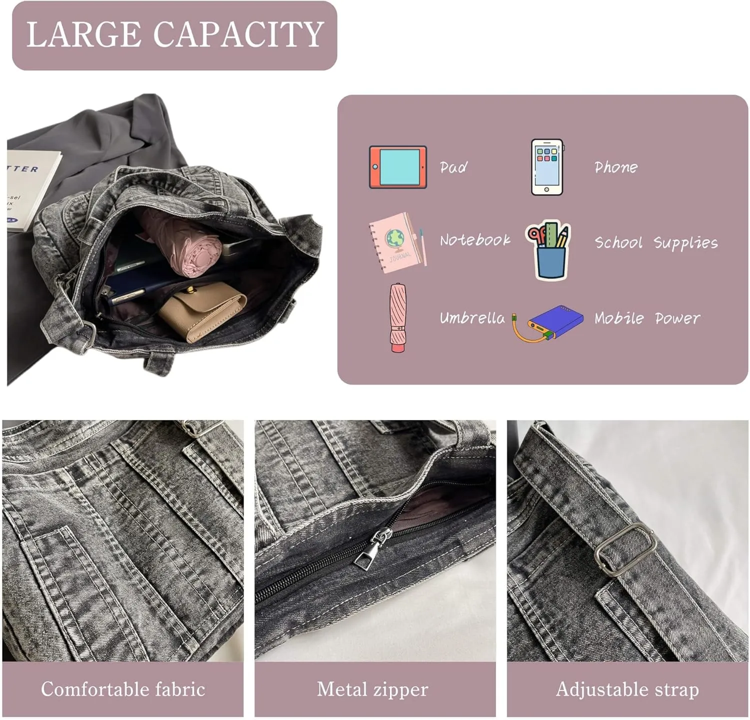 Casual New Jean Tote Bag for Women, Retro Denim Crossbody Shoulder Hobo Bag with Zipper