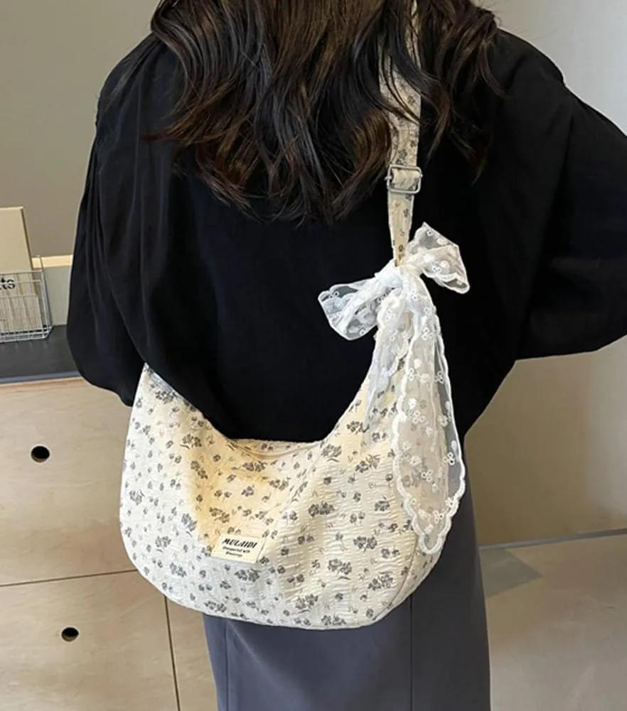 Casual Tote Bag for Women Crossbody Bag Floral Purses Cotton Handbags Shoulder Bag Dumpling Bag With Lace Ribbon Travel 2024