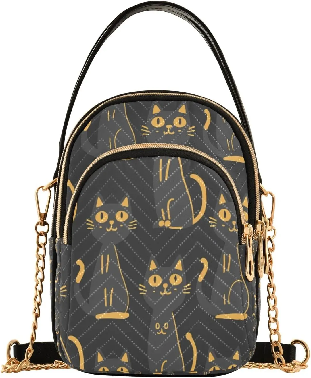 Cat Reflection Black Crossbody Handbags for Women Casual Leather Shoulder Phone Purse