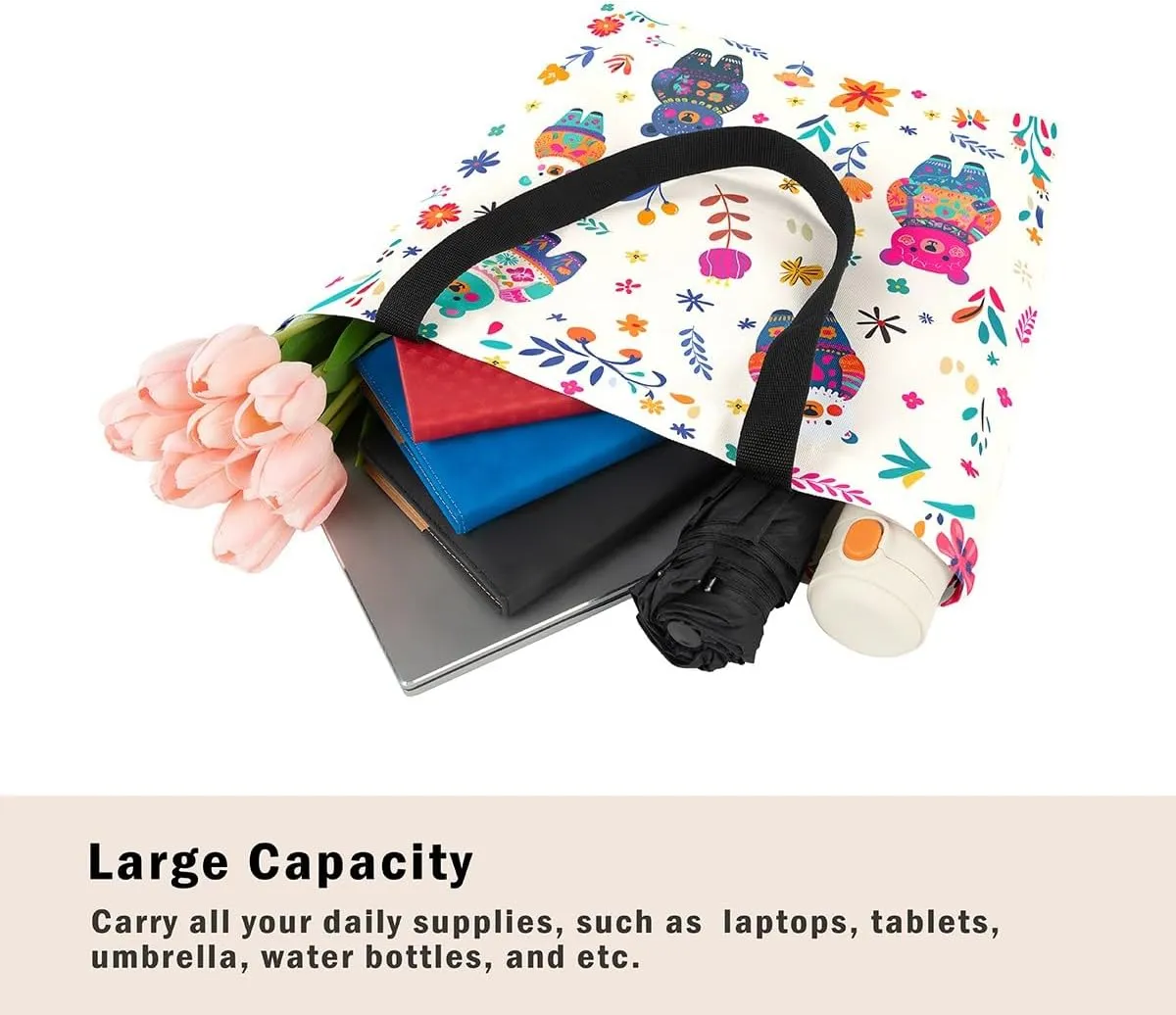 Cat Tote Bag,Cartoon Cat Flowers Canvas Tote Bag