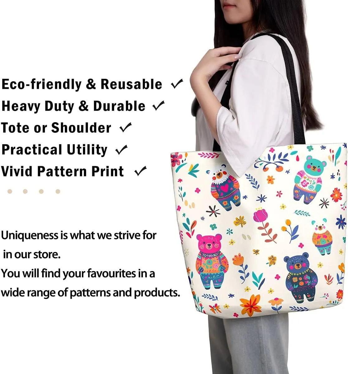 Cat Tote Bag,Cartoon Cat Flowers Canvas Tote Bag