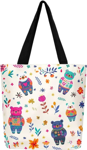 Cat Tote Bag,Cartoon Cat Flowers Canvas Tote Bag