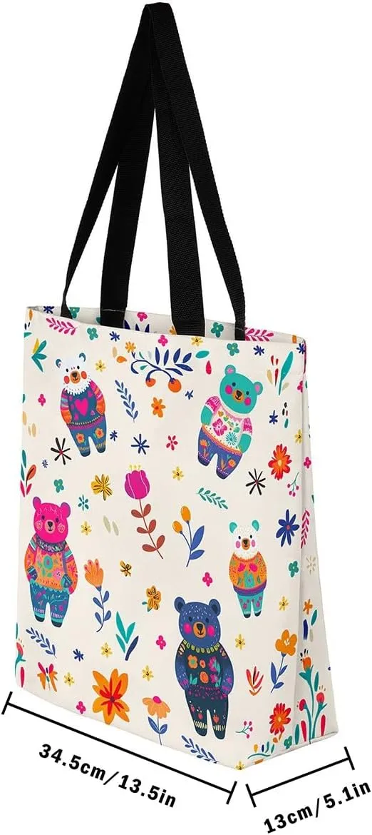 Cat Tote Bag,Cartoon Cat Flowers Canvas Tote Bag