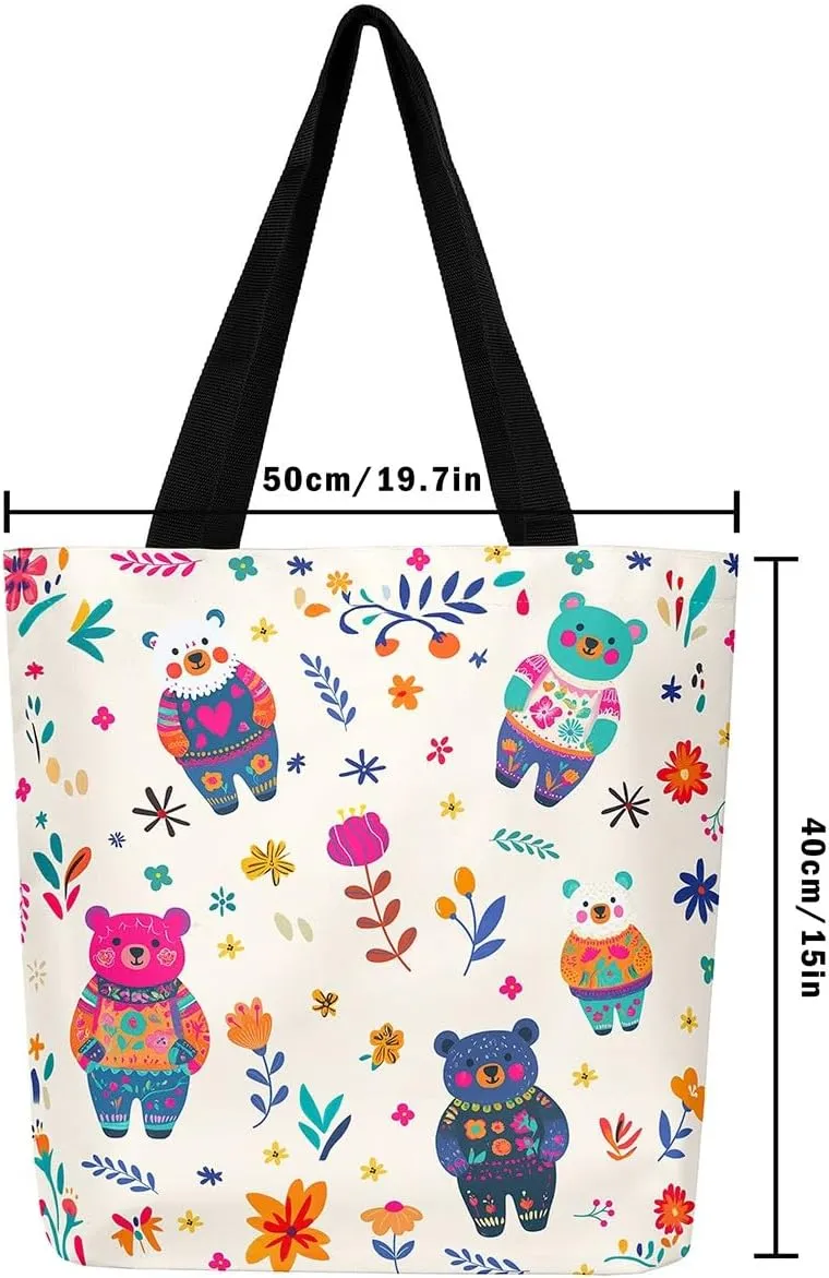 Cat Tote Bag,Cartoon Cat Flowers Canvas Tote Bag