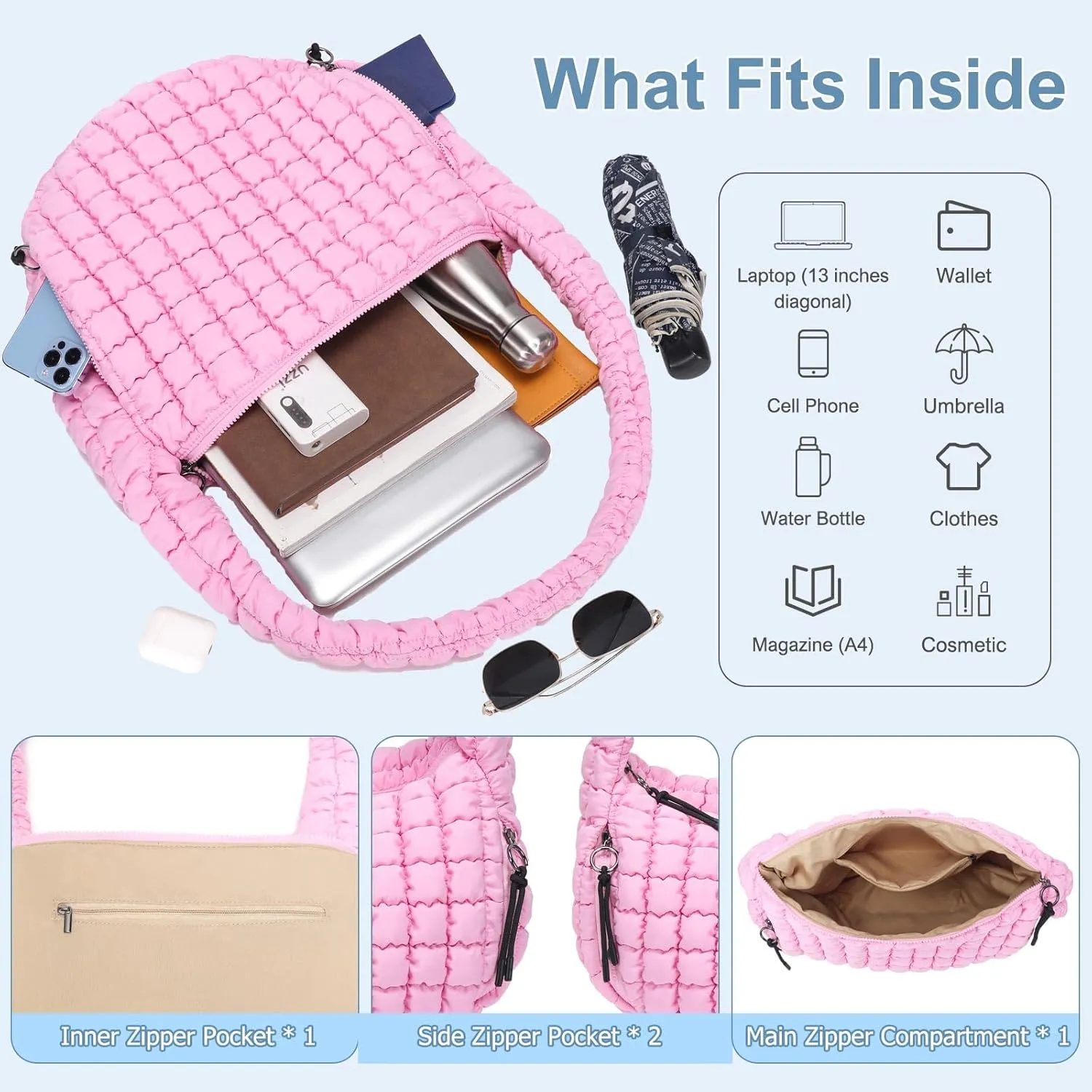CATMICOO Puffer Tote Bag for Women: Carryall Puff Shoulder Bag for Travel - Lightweight Quilted Bag for Gym