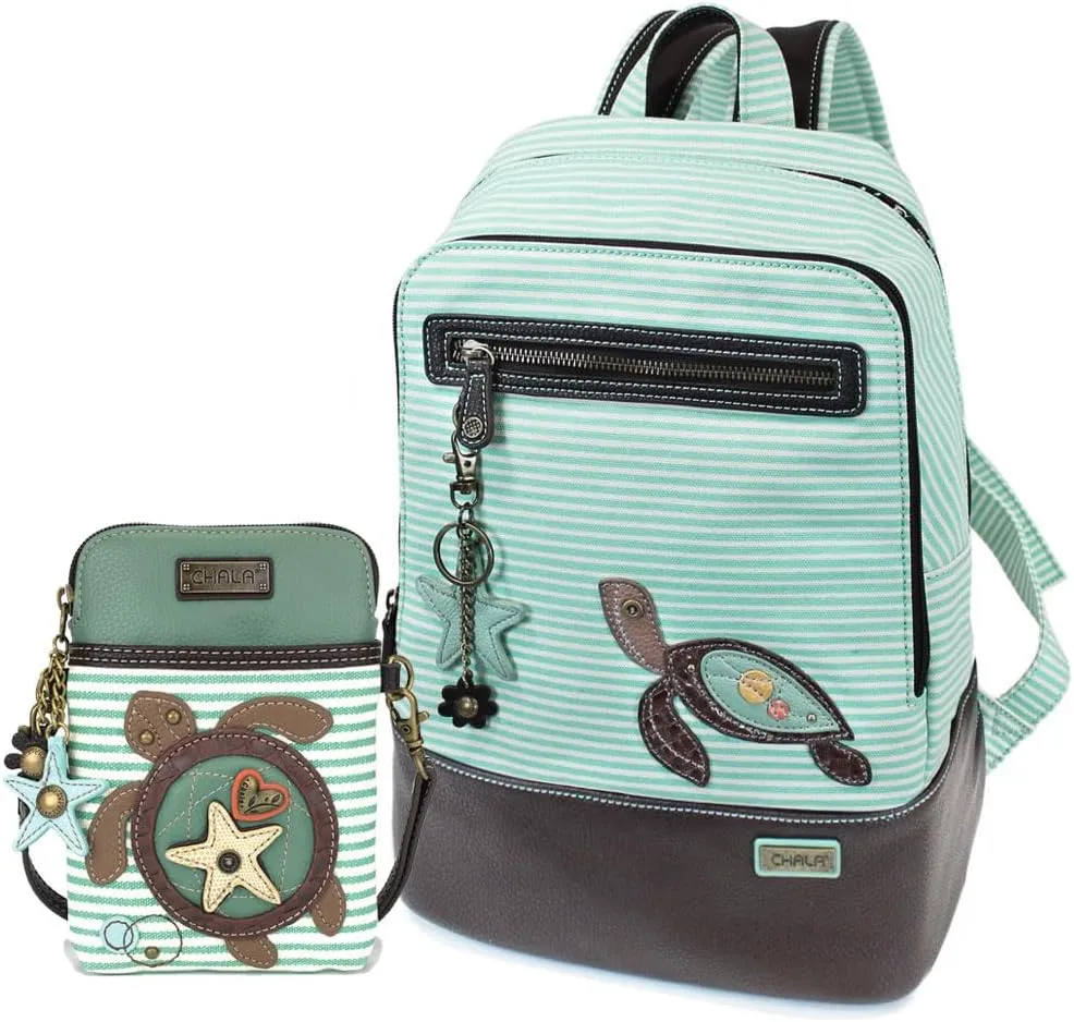 CHALA Cacual Striped Backpacks Purse with Adjustable Strap -15" x 11.5" x 6" (Teal Stripe Backpack & Crossbody Purse Bundle)