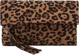 CHARMING TAILOR Leopard Clutch Bag for Women Tassel Foldover Clutch Faux Suede Dressy Purse for Day to Evening