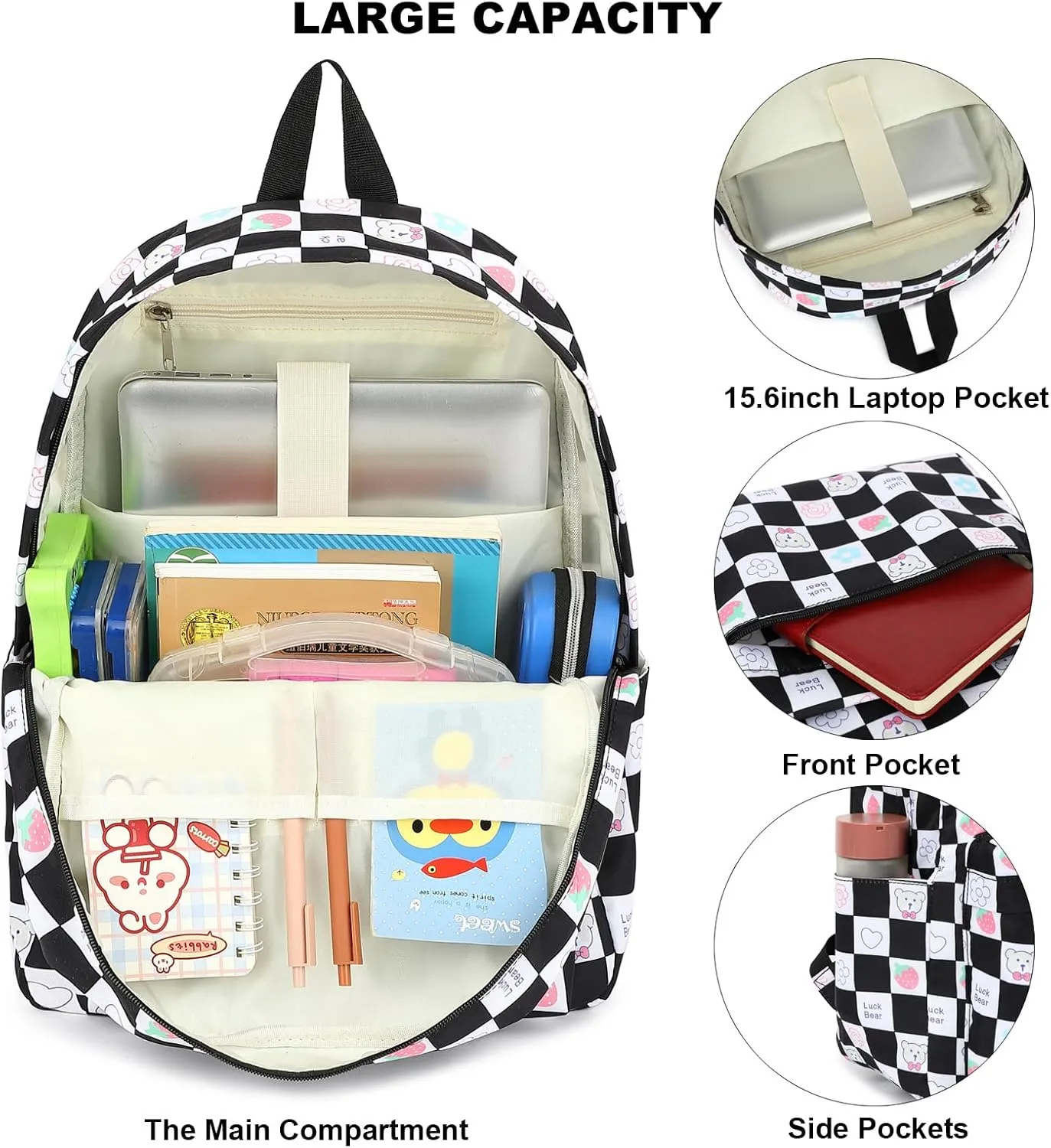 Checkered Bear School Backpack for Teens Girls, Womens College Bookbags Laptop Backpacks (Black)