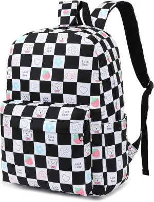 Checkered Bear School Backpack for Teens Girls, Womens College Bookbags Laptop Backpacks (Black)