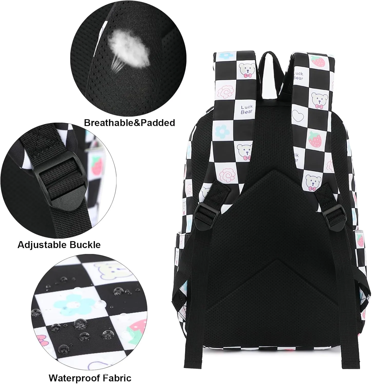 Checkered Bear School Backpack for Teens Girls, Womens College Bookbags Laptop Backpacks (Black)