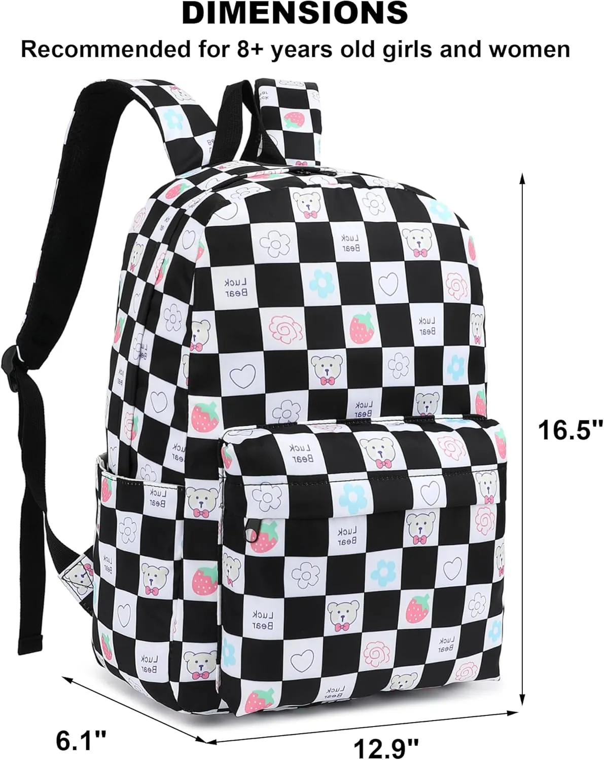 Checkered Bear School Backpack for Teens Girls, Womens College Bookbags Laptop Backpacks (Black)