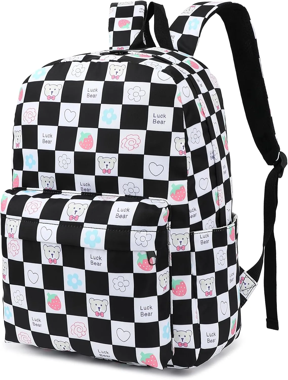 Checkered Bear School Backpack for Teens Girls, Womens College Bookbags Laptop Backpacks (Black)