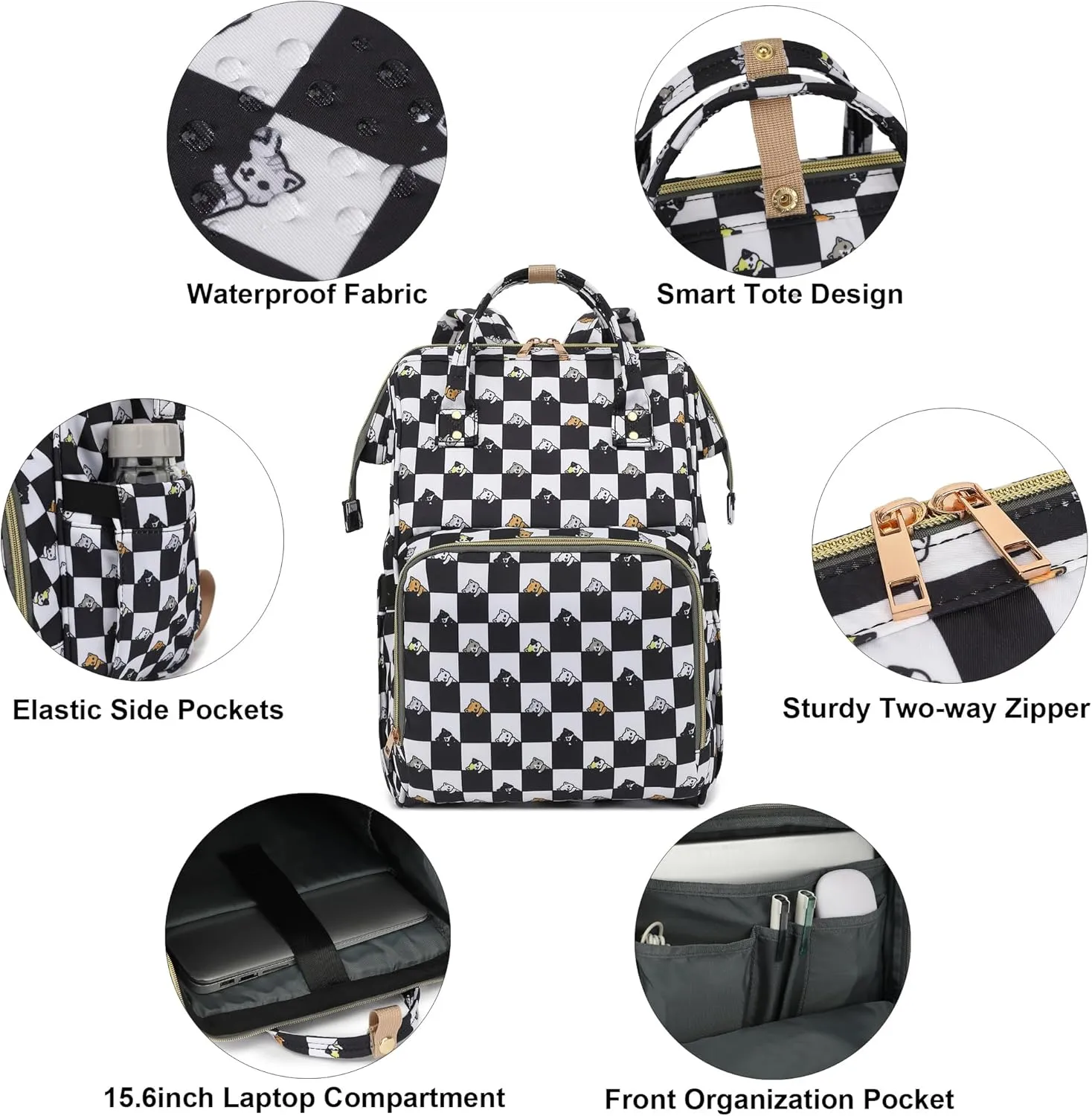 Checkered Cat Women Laptop Backpack, College School Backpack Bookbag 15.6 Inch Computer Backpacks for Work Business Travel