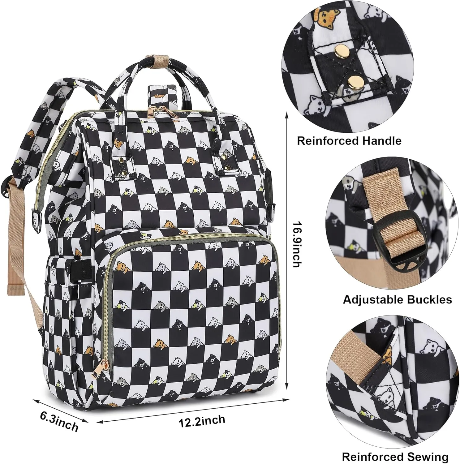 Checkered Cat Women Laptop Backpack, College School Backpack Bookbag 15.6 Inch Computer Backpacks for Work Business Travel