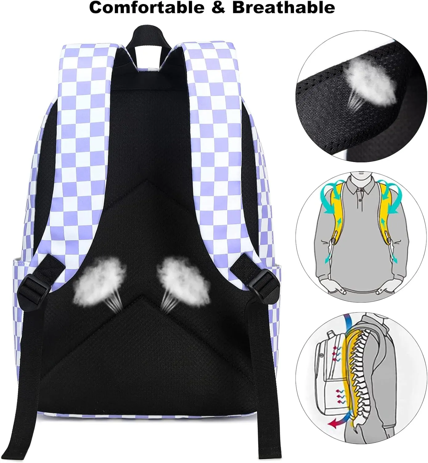 Checkered Girls Backpack for Elementary Middle School, Kids Teens School Bag Women College Bookbag Laptop Backpacks (Purple)