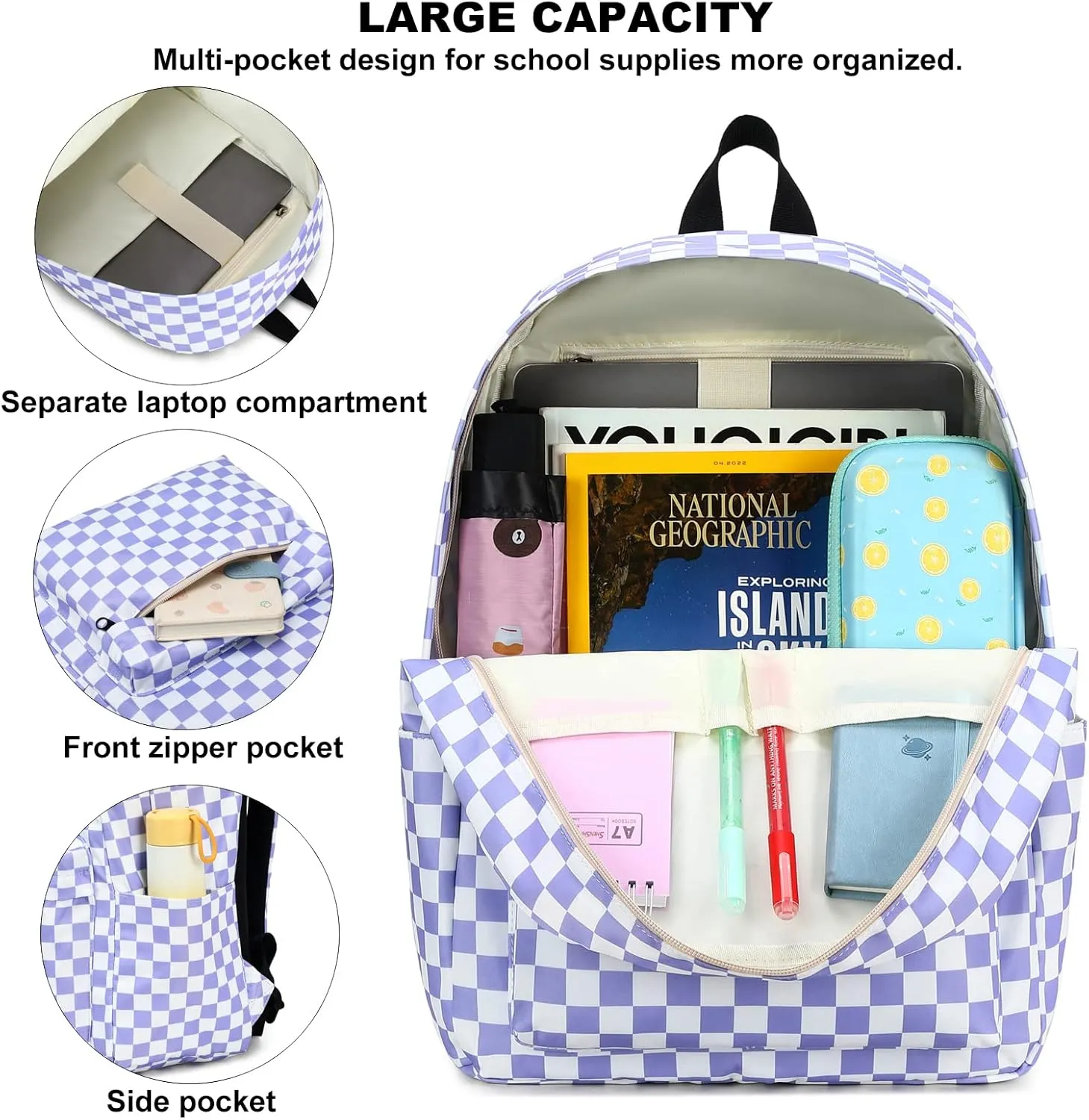 Checkered Girls Backpack for Elementary Middle School, Kids Teens School Bag Women College Bookbag Laptop Backpacks (Purple)