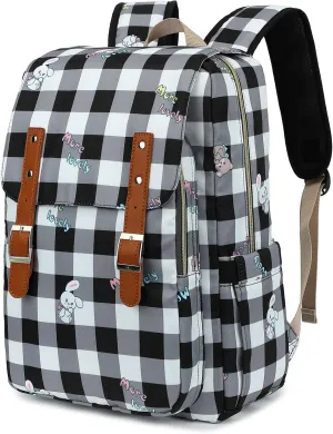 Checkered Laptop Backpack for Women Girls, 15.6 inch College School Backpacks Travel Casual Daypack (Bear Rabbit Black)