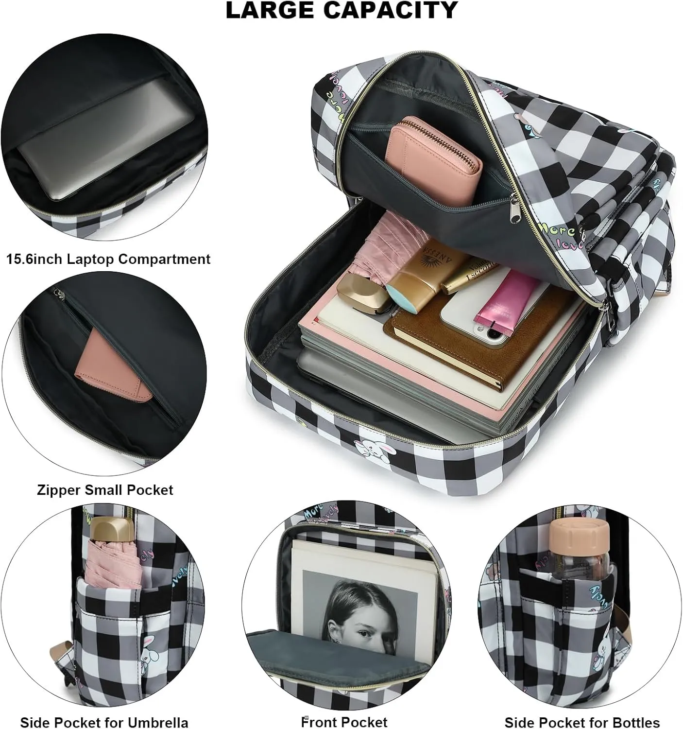Checkered Laptop Backpack for Women Girls, 15.6 inch College School Backpacks Travel Casual Daypack (Bear Rabbit Black)