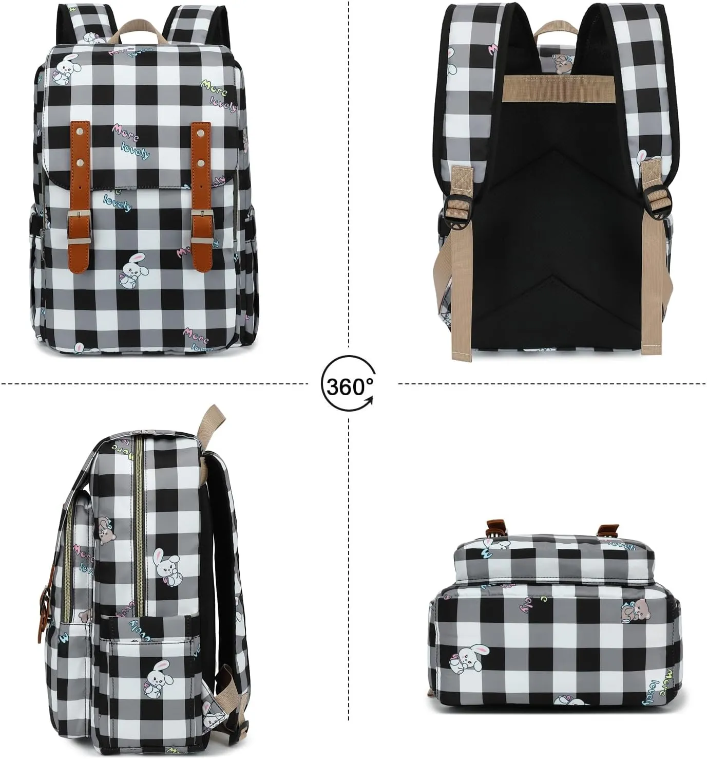 Checkered Laptop Backpack for Women Girls, 15.6 inch College School Backpacks Travel Casual Daypack (Bear Rabbit Black)