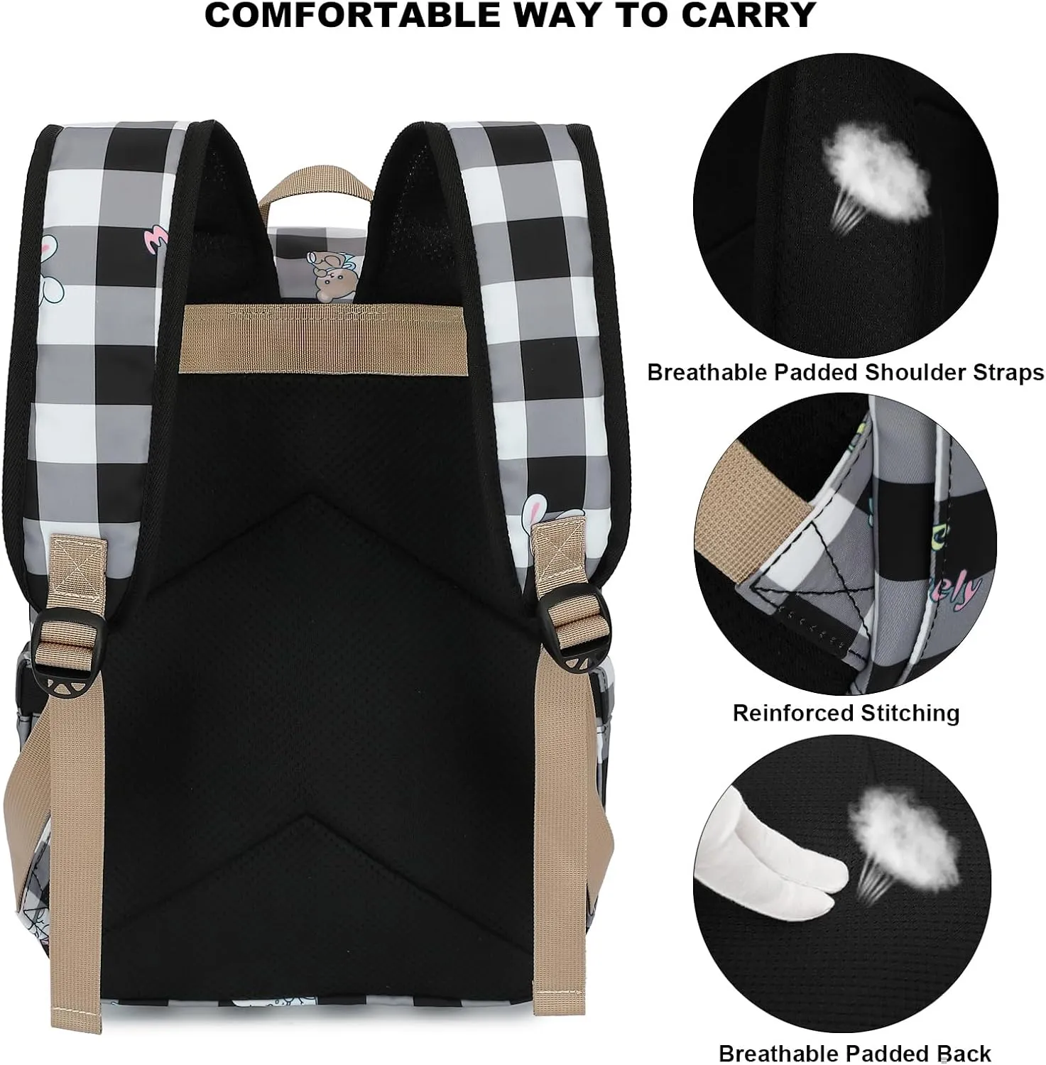 Checkered Laptop Backpack for Women Girls, 15.6 inch College School Backpacks Travel Casual Daypack (Bear Rabbit Black)