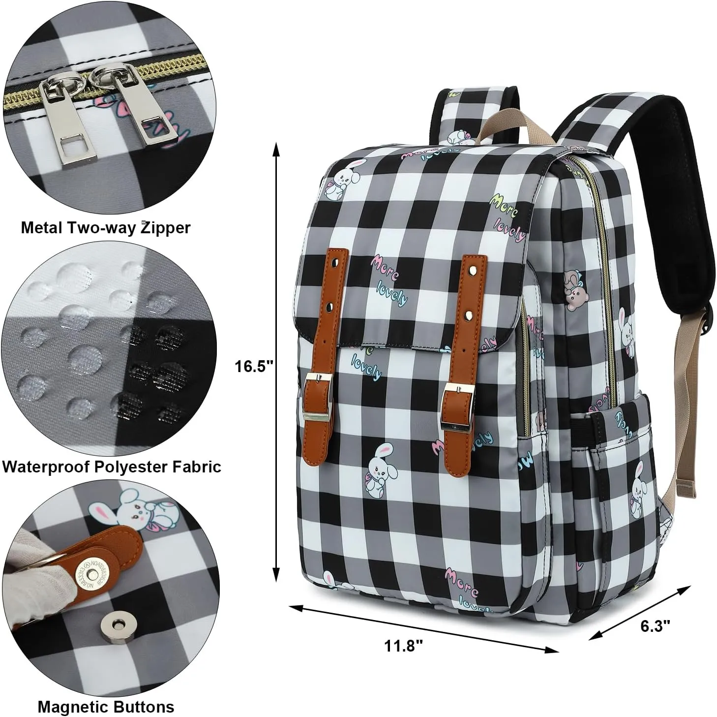 Checkered Laptop Backpack for Women Girls, 15.6 inch College School Backpacks Travel Casual Daypack (Bear Rabbit Black)