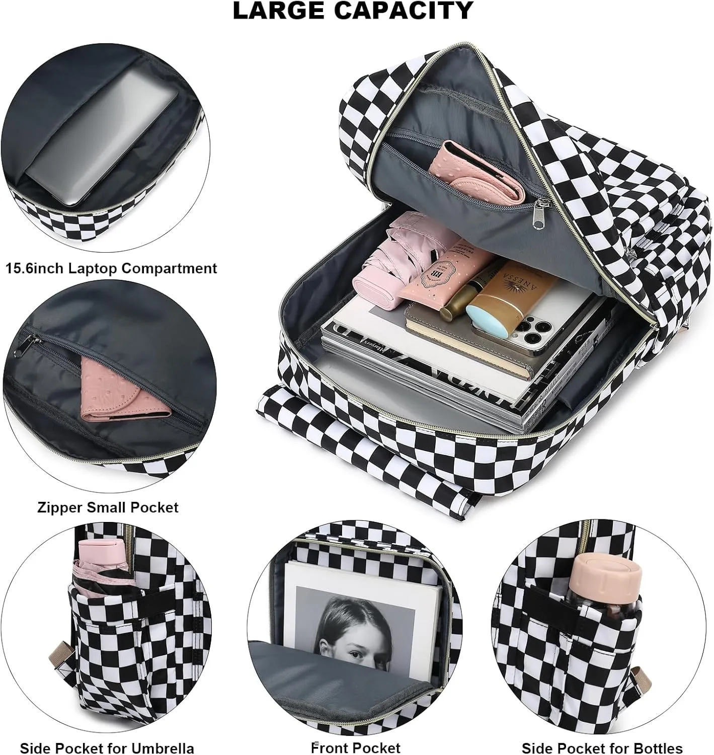 Checkered Laptop Backpack for Women Girls, 15.6 inch College School Backpacks Travel Casual Daypack
