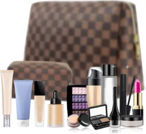 Checkered Makeup Bag, Portable Leather Cosmetic Bag, 2 Pcs Waterproof Travel Toiletry Bag for Women