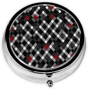 Checkered Rhombus Pattern Pill Box Round Pill Case for Pocket Purse 3 Compartment Medicine Pill Organizer Cute Portable Travel Pillbox Vitamin Cod Liver Oil Storage Box Unique Gift Organizer