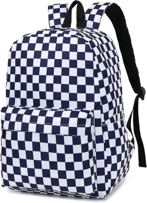 Checkered School Backpack for Girls Women, Kids Teens School Bags College Bookbags Ladies Laptop Backpacks (Navy Blue)