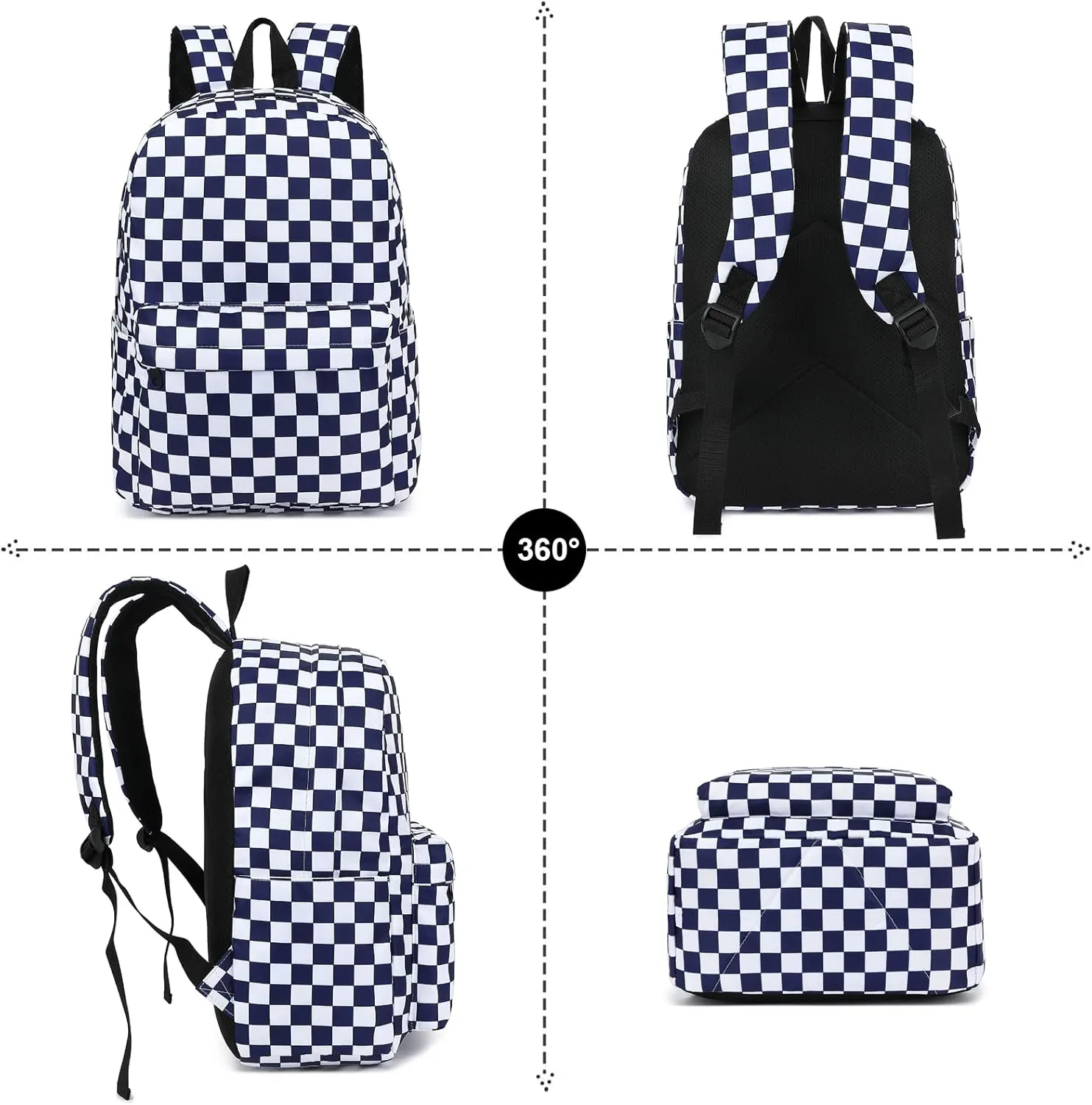 Checkered School Backpack for Girls Women, Kids Teens School Bags College Bookbags Ladies Laptop Backpacks (Navy Blue)