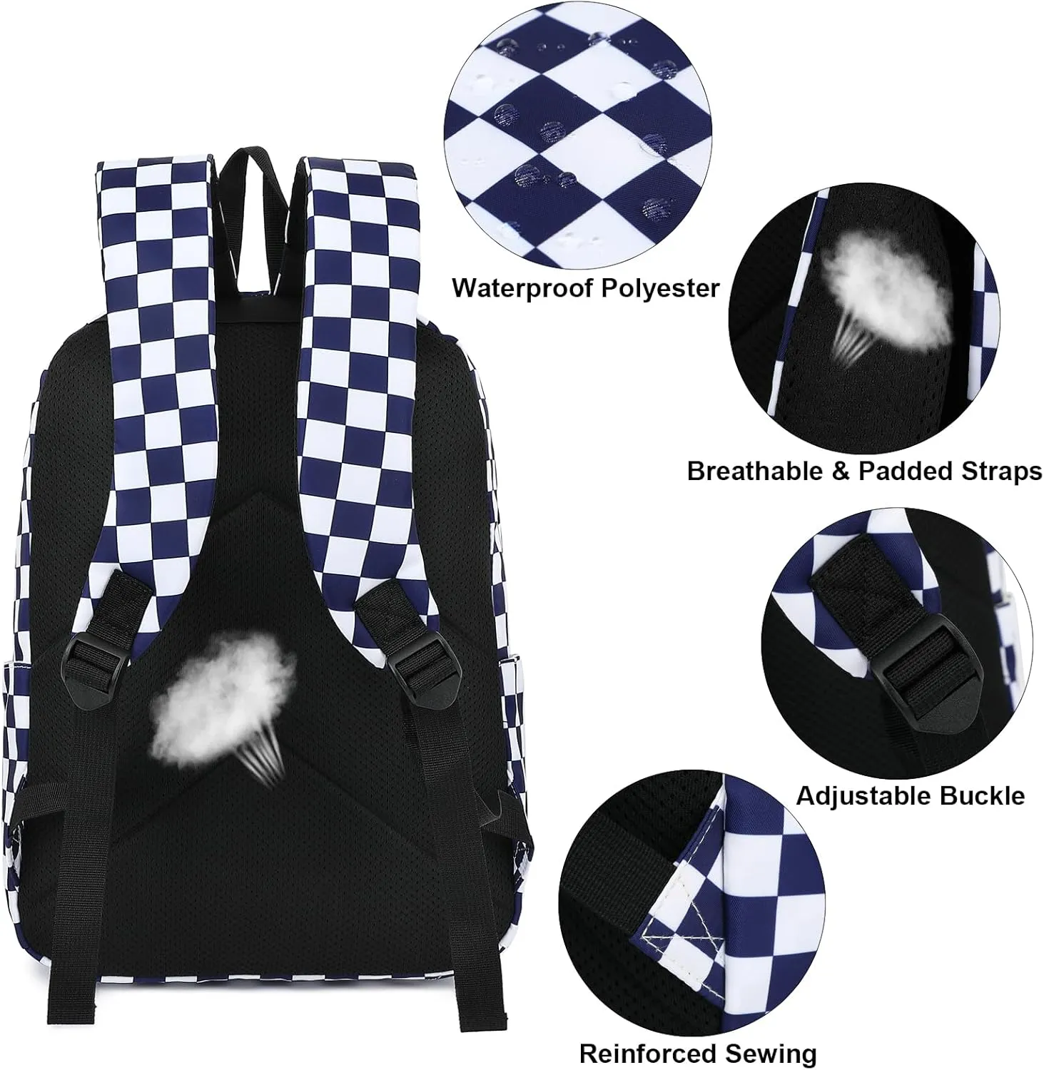 Checkered School Backpack for Girls Women, Kids Teens School Bags College Bookbags Ladies Laptop Backpacks (Navy Blue)
