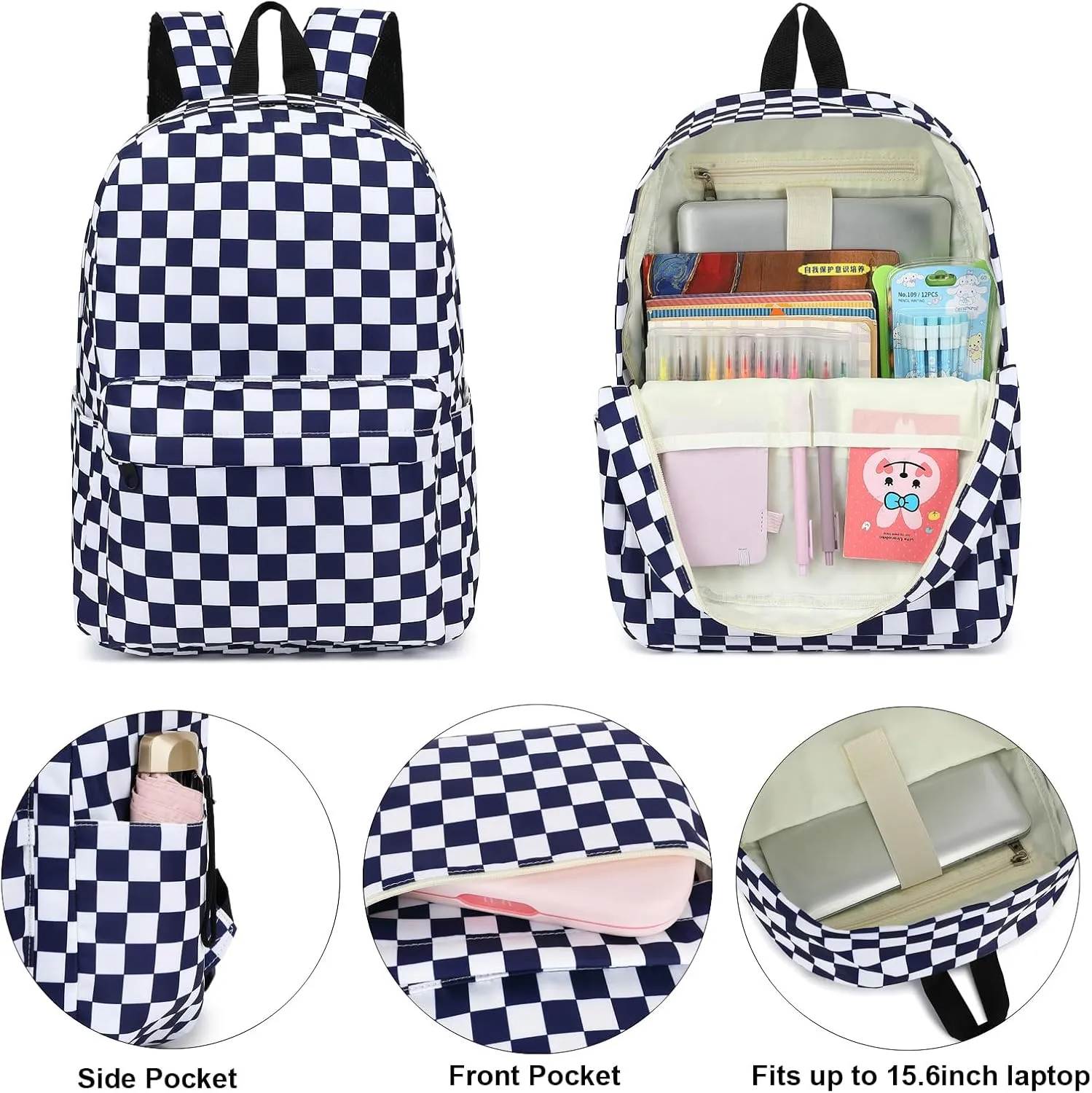Checkered School Backpack for Girls Women, Kids Teens School Bags College Bookbags Ladies Laptop Backpacks (Navy Blue)