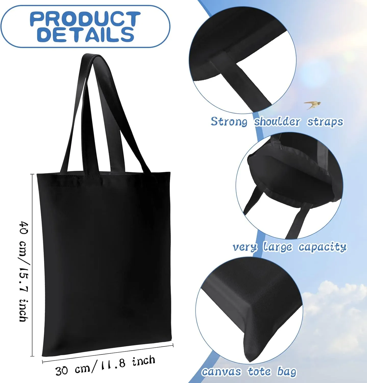 CHENGU 12 Pack Sublimation Tote Bags Blank Canvas Bag Reusable Grocery 15.7x12 Inch Washable Heat Transfer Bulk DIY Craft(Black)
