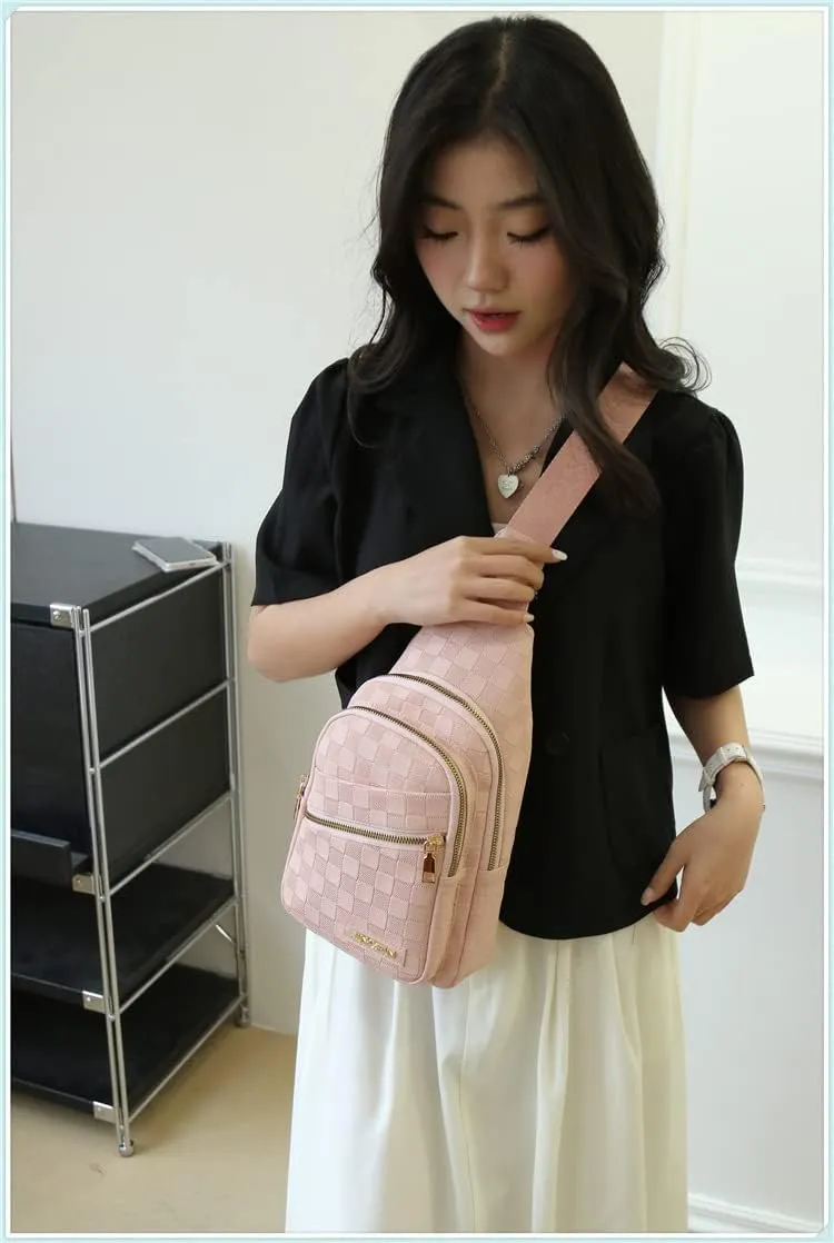 Chest Sling Bag Women Crossbody Shoulder Sling Backpack Checkered Chest Fanny Daypack Adjustable