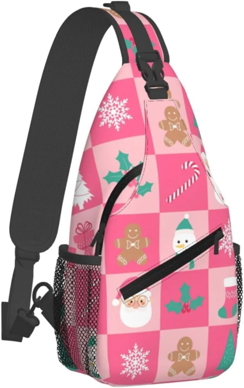 Christmas checkered bell Crossbody Sling Bag Adjustable Holiday Pattern With Christmas Candies Chest Bag Shoulder Bag Backpack
