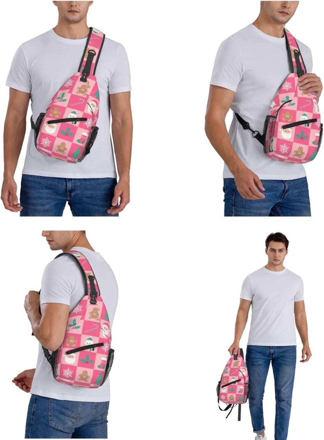 Christmas checkered bell Crossbody Sling Bag Adjustable Holiday Pattern With Christmas Candies Chest Bag Shoulder Bag Backpack