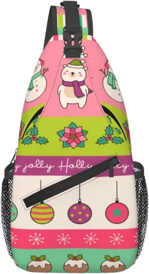 Christmas Checkered bell Crossbody Sling Bag Adjustable Holiday Pattern With Christmas Candies Chest Bag Shoulder Bag Backpack