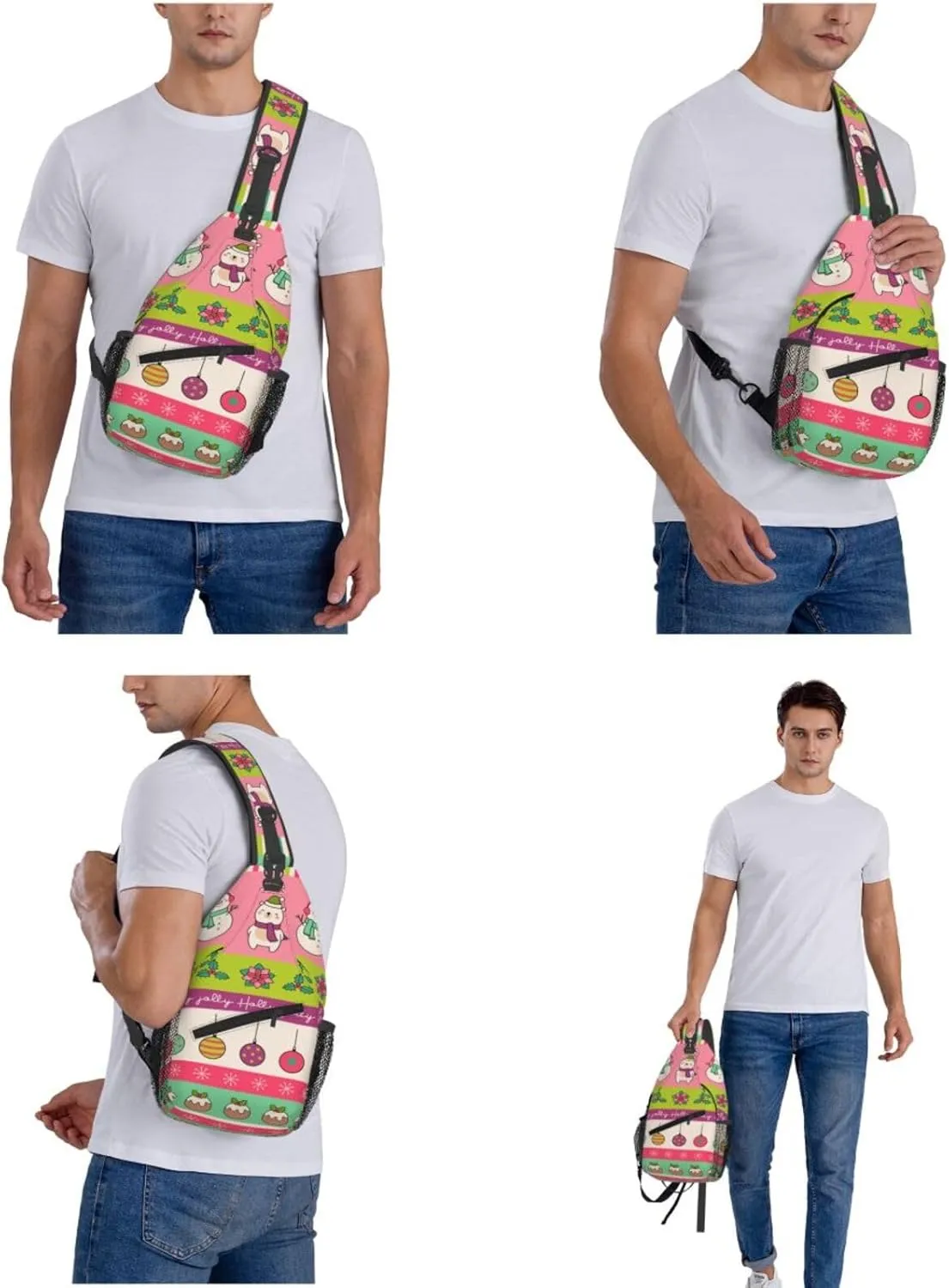 Christmas Checkered bell Crossbody Sling Bag Adjustable Holiday Pattern With Christmas Candies Chest Bag Shoulder Bag Backpack